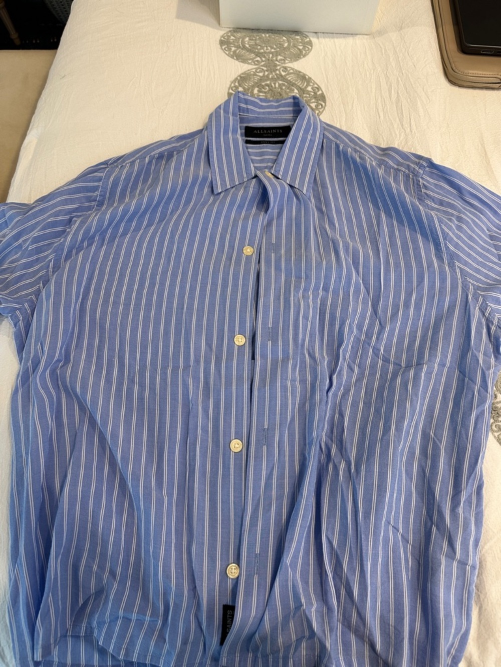 All Saints Light Blue and White Striped Men's Button-Down Shirt